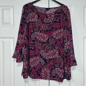 TALBOTS Womens Pullover Blouse Tunic Bell Sleeve Paisley Purple Pink Plus 2X